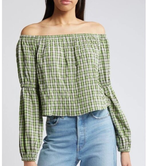 Topshop Check Off the Shoulder Top Green Check Pattern - Size 10 -‎ NWT - Picture 1 of 7